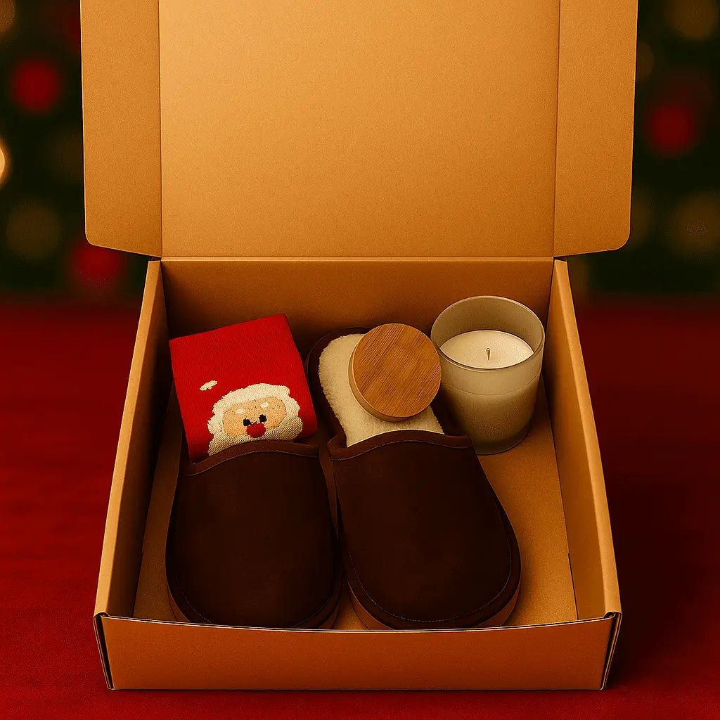 Box Especial de Natal com chinelos castanhos, vela em copo de vidro com tampa de bambu e meias de Natal.