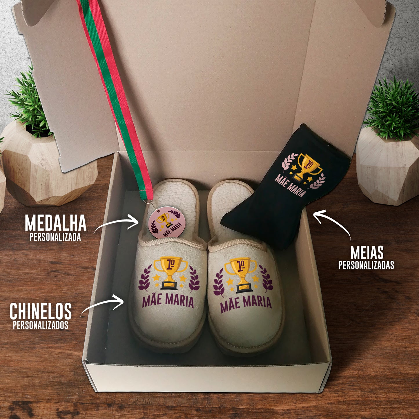Box Medalha + Chinelos + Meias "1º Lugar"