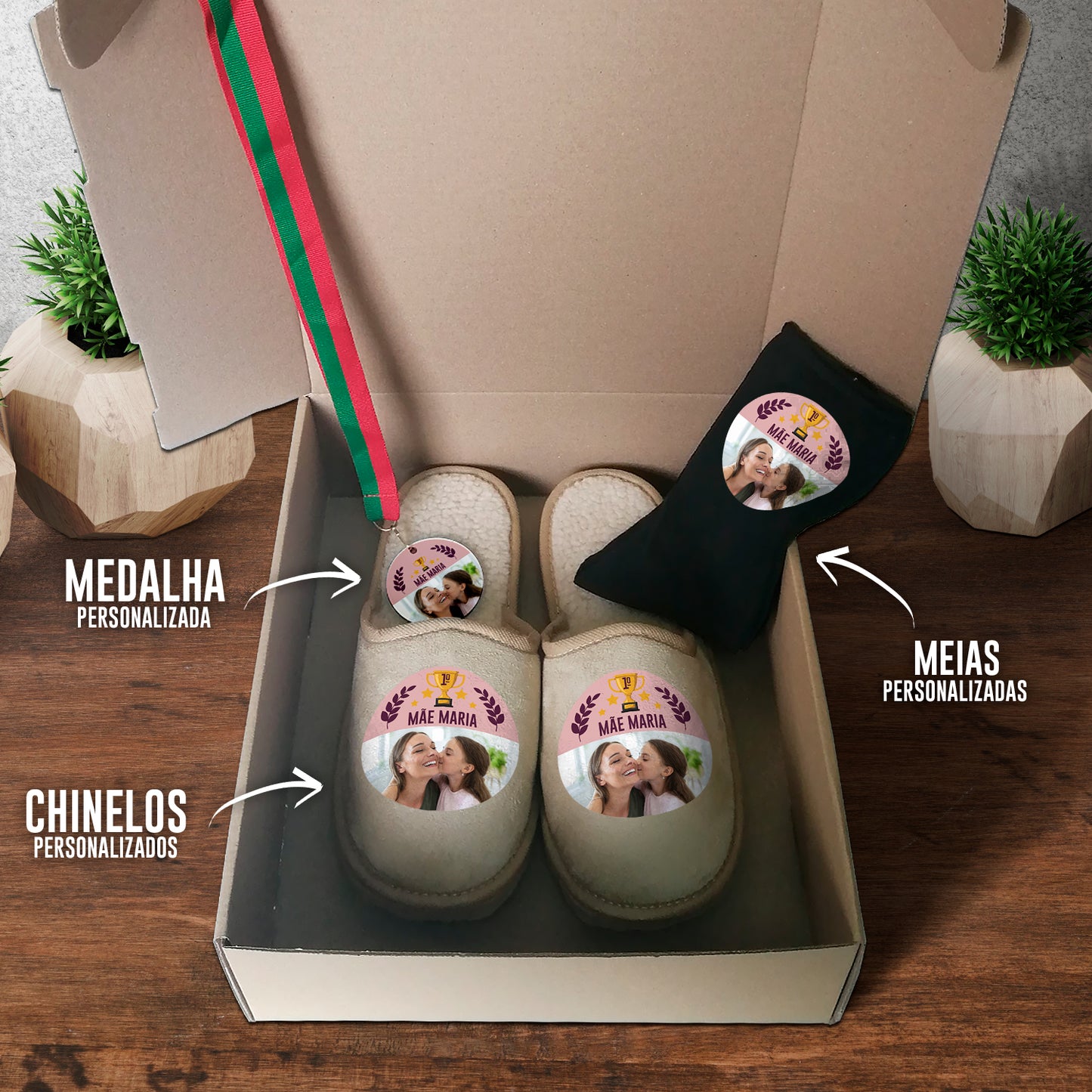 Box Medalha + Chinelos + Meias "1º Lugar"