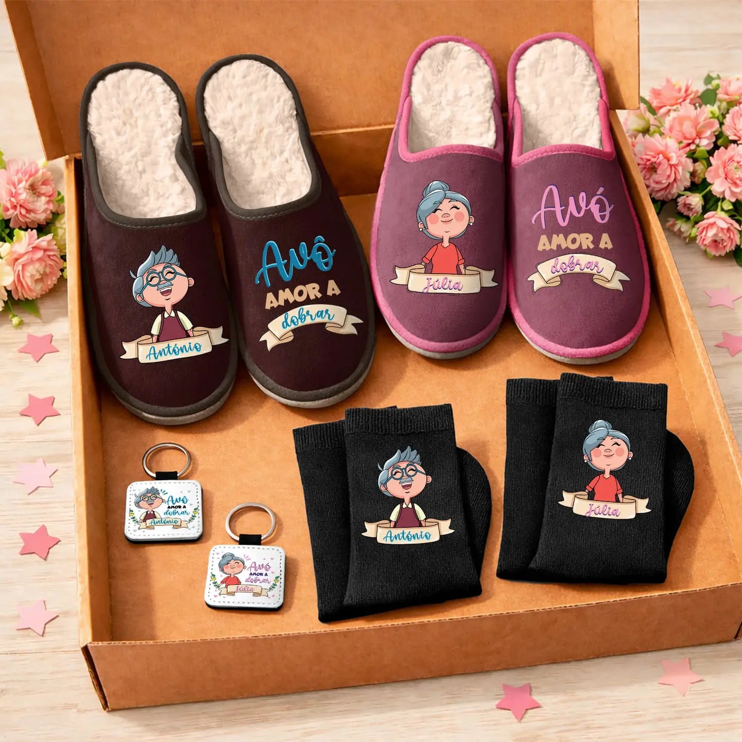 Pack 2 Boxes "Amor a dobrar" – Chinelos + Meias + Porta-chaves