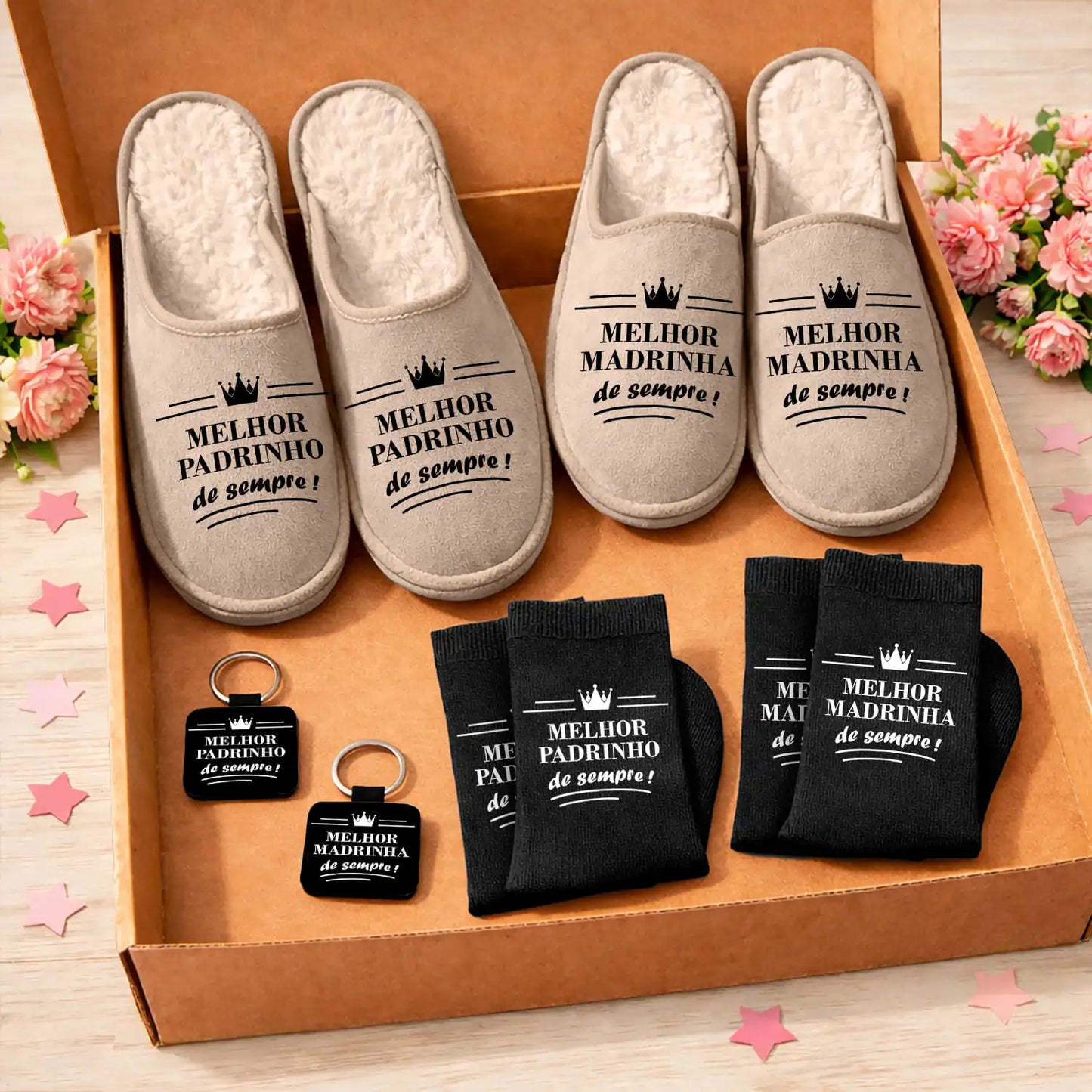 Pack 2 Boxes "Melhor de sempre!" – Chinelos + Meias + Porta-chaves