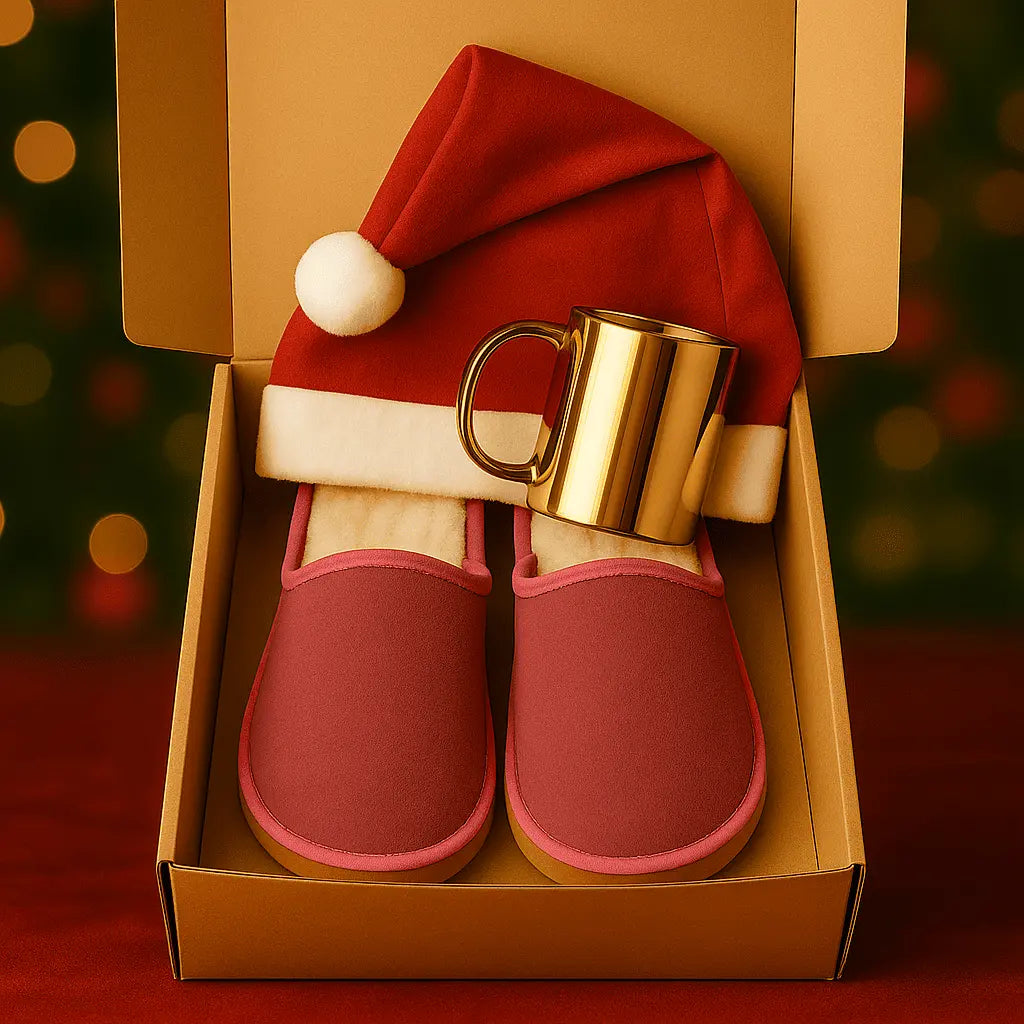 Box Especial de Natal com chinelos rosa, caneca dourada e gorro de Natal.