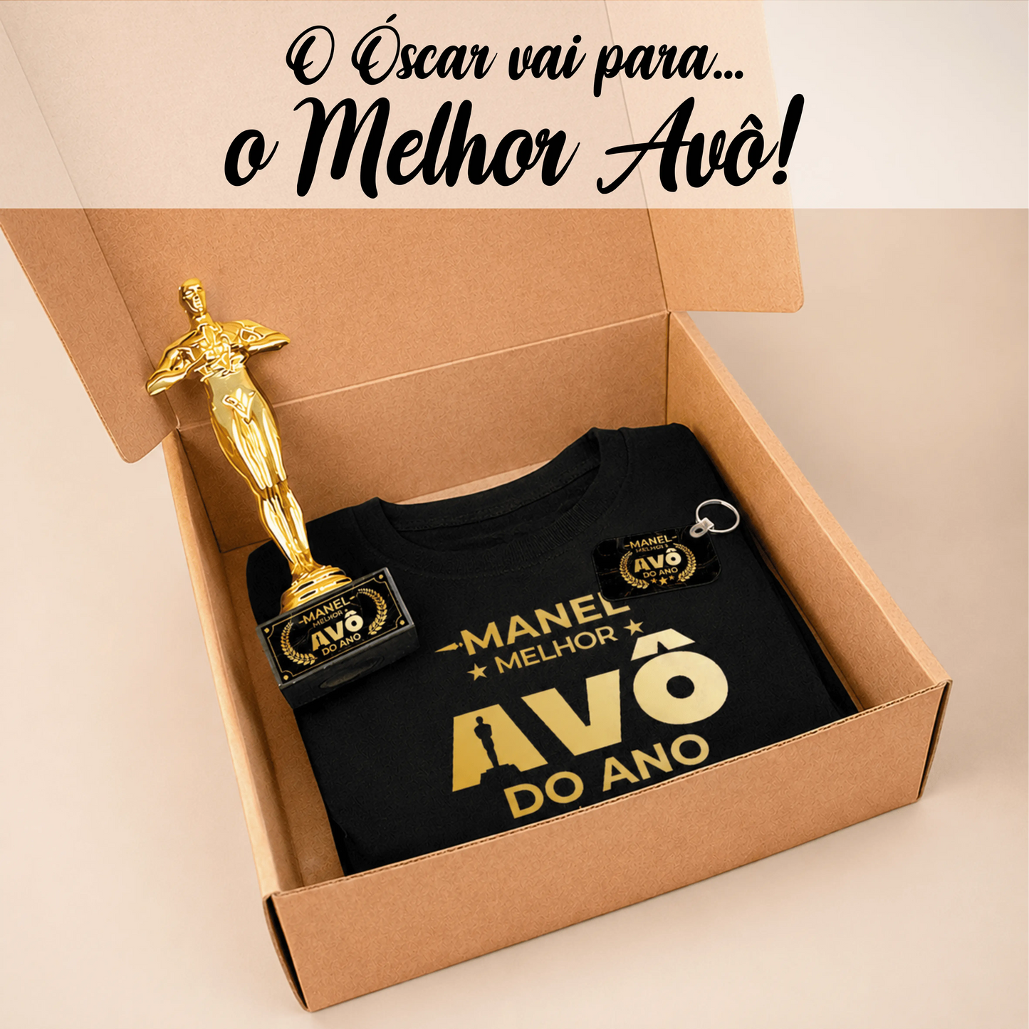 Box T-shirt + Troféu + Porta-chaves "Óscar: melhores avós do ano"