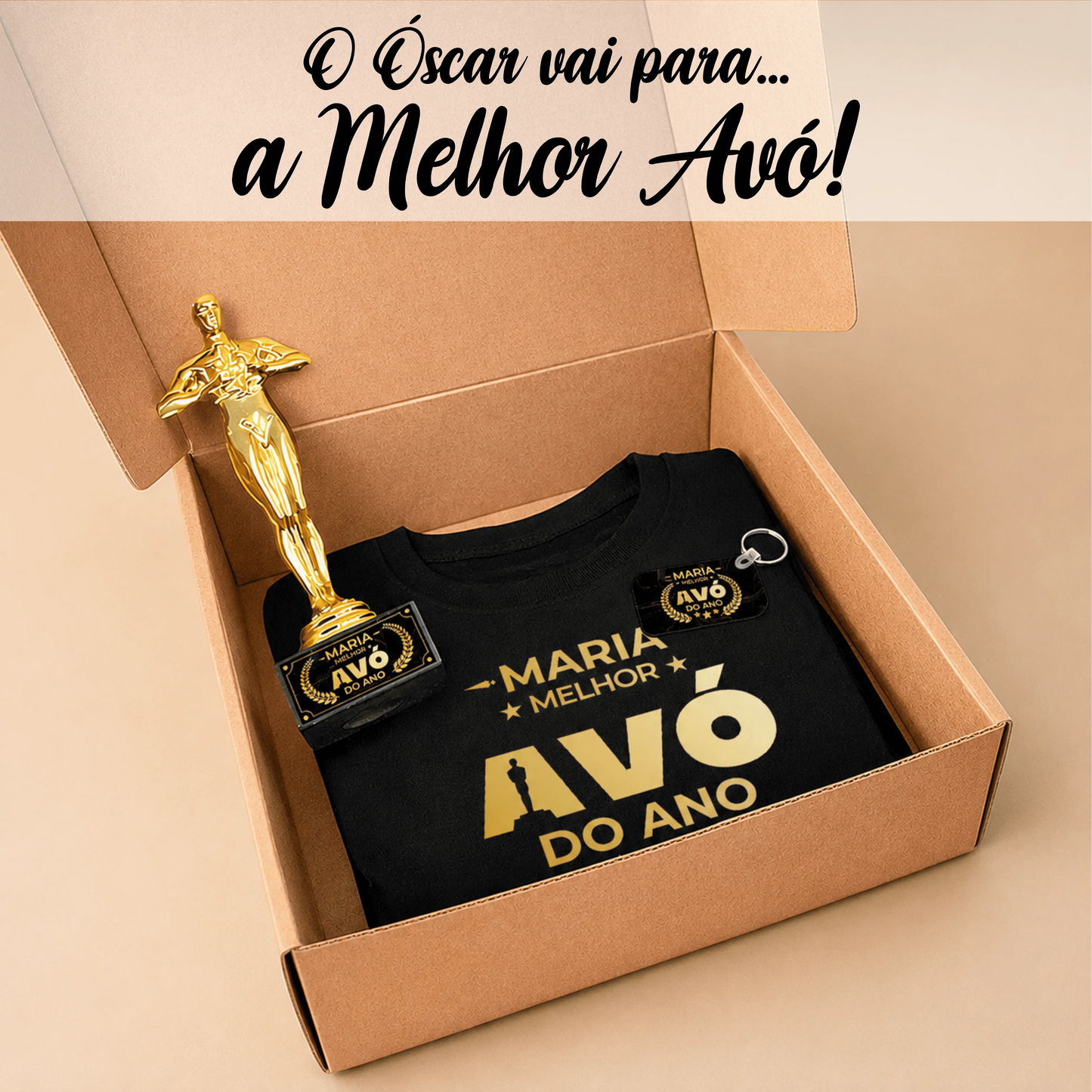 Box T-shirt + Troféu + Porta-chaves "Óscar: melhores avós do ano"