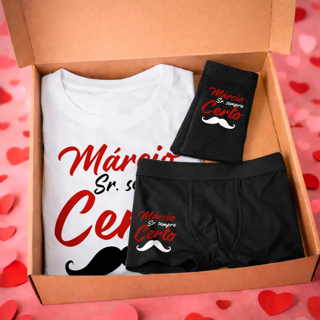 Box Dia dos Namorados personalizada com nome e composta por t-shirt branca, boxer preto e meias pretas.