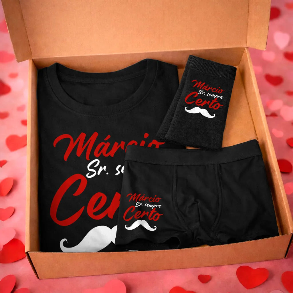 Box Dia dos Namorados personalizada com nome e composta por t-shirt preta, boxer preto e meias pretas.