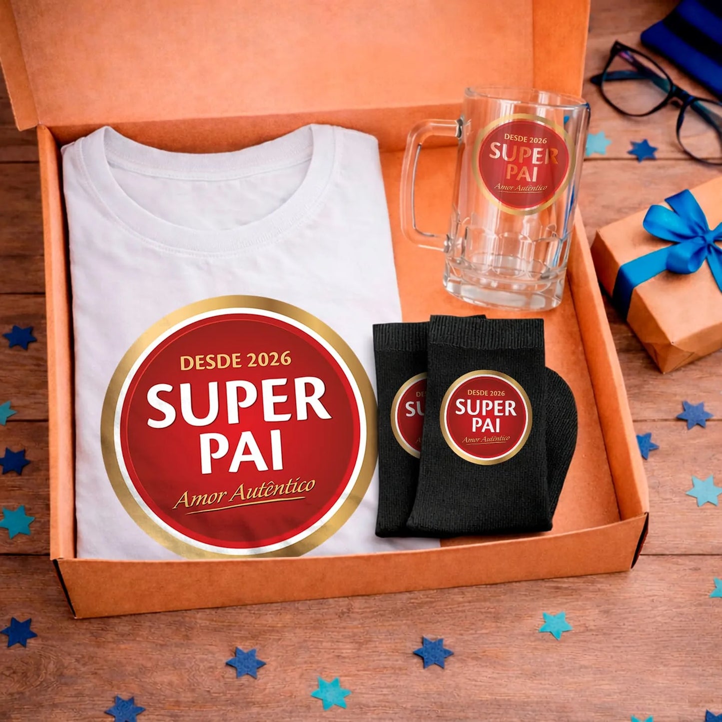 Box T-shirt + Caneca para Cerveja + Meias "Super"