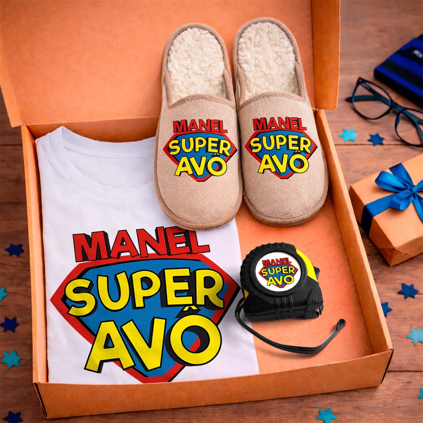 Box T-shirt + Chinelos + Fita-métrica "Super Avô"