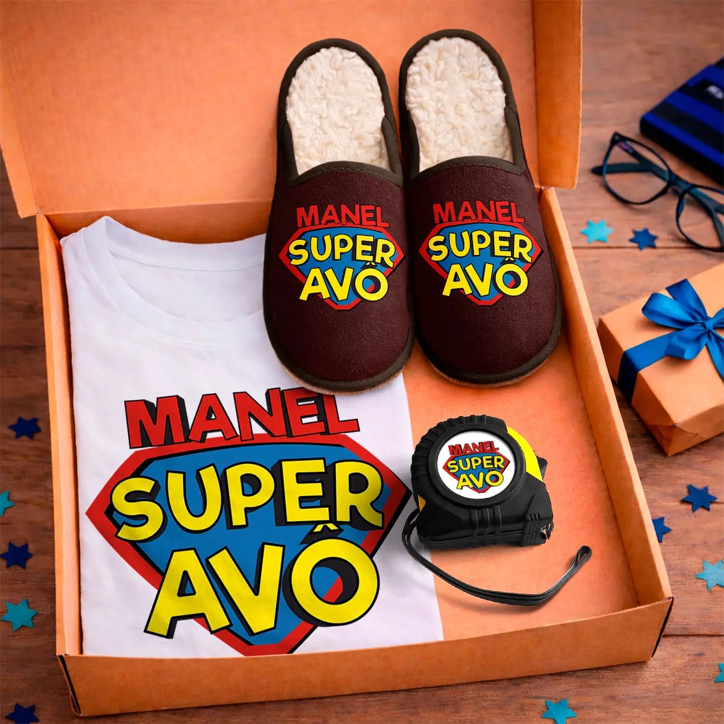 Box T-shirt + Chinelos + Fita-métrica "Super Avô"