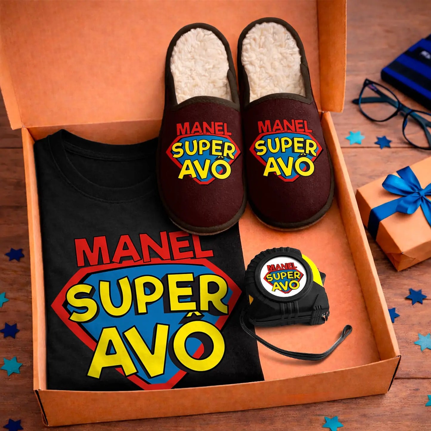 Box T-shirt + Chinelos + Fita-métrica "Super Avô"
