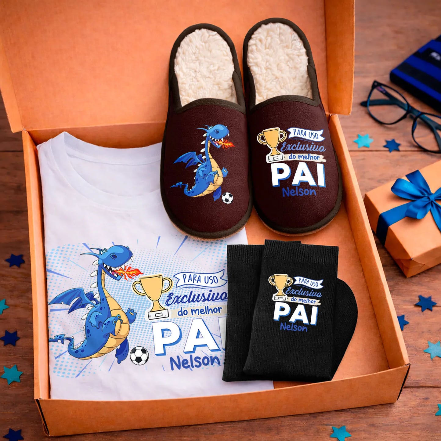 Box T-shirt + Chinelos + Meias "Futebol"