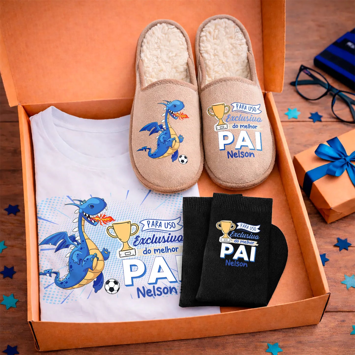 Box T-shirt + Chinelos + Meias "Futebol"