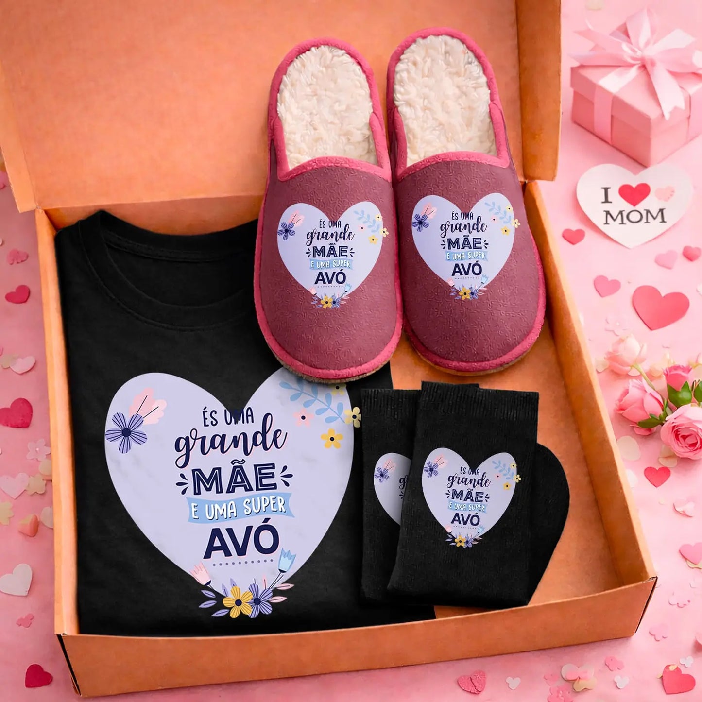 Box T-shirt + Chinelos + Meias "És uma Grande Mãe e uma Super Avó"