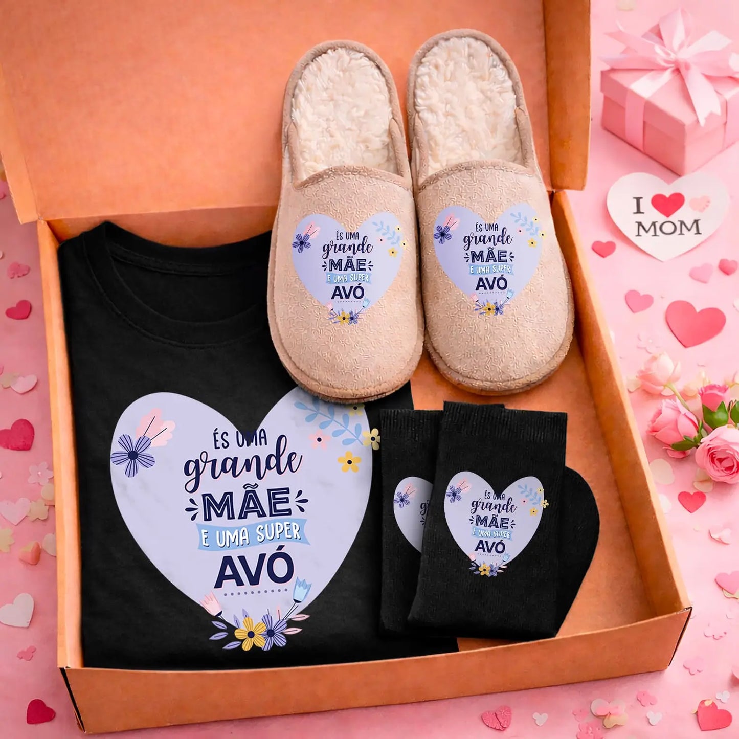 Box T-shirt + Chinelos + Meias "És uma Grande Mãe e uma Super Avó"