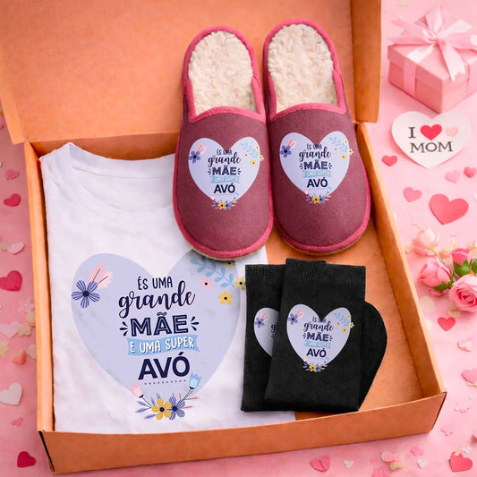 Box T-shirt + Chinelos + Meias "És uma Grande Mãe e uma Super Avó"