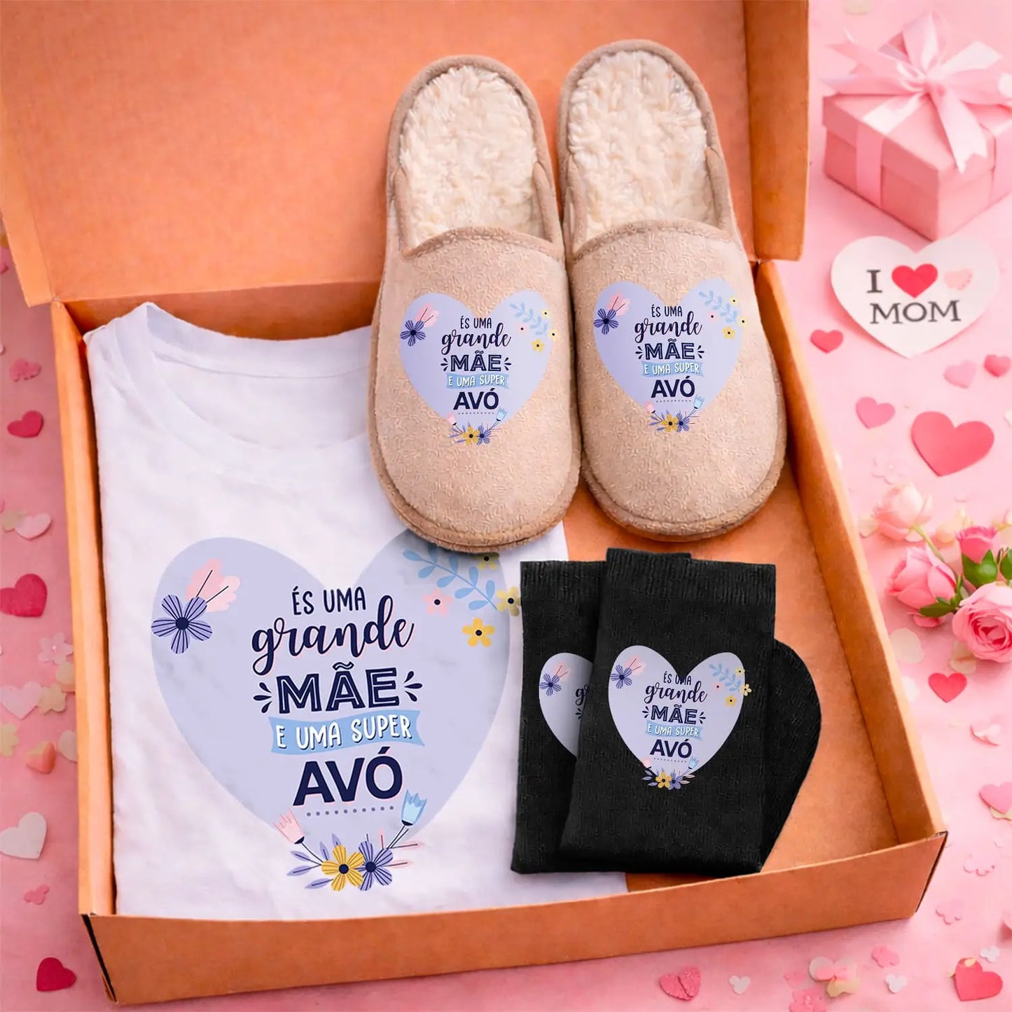Box T-shirt + Chinelos + Meias "És uma Grande Mãe e uma Super Avó"