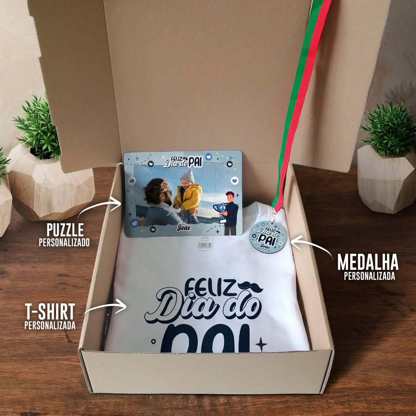 Box T-shirt + Puzzle + Medalha "Troféu - Feliz Dia do Pai"