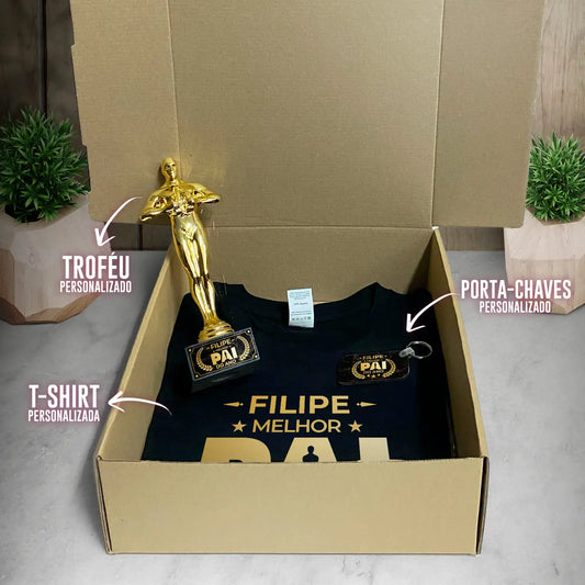 Box T-shirt + Troféu + Porta-chaves "Óscar: melhor pai do ano"