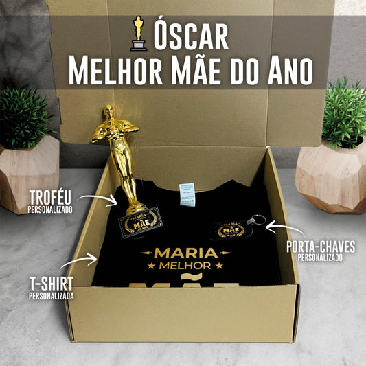 Box T-shirt + Troféu + Porta-chaves "Óscar: melhor mãe do ano"