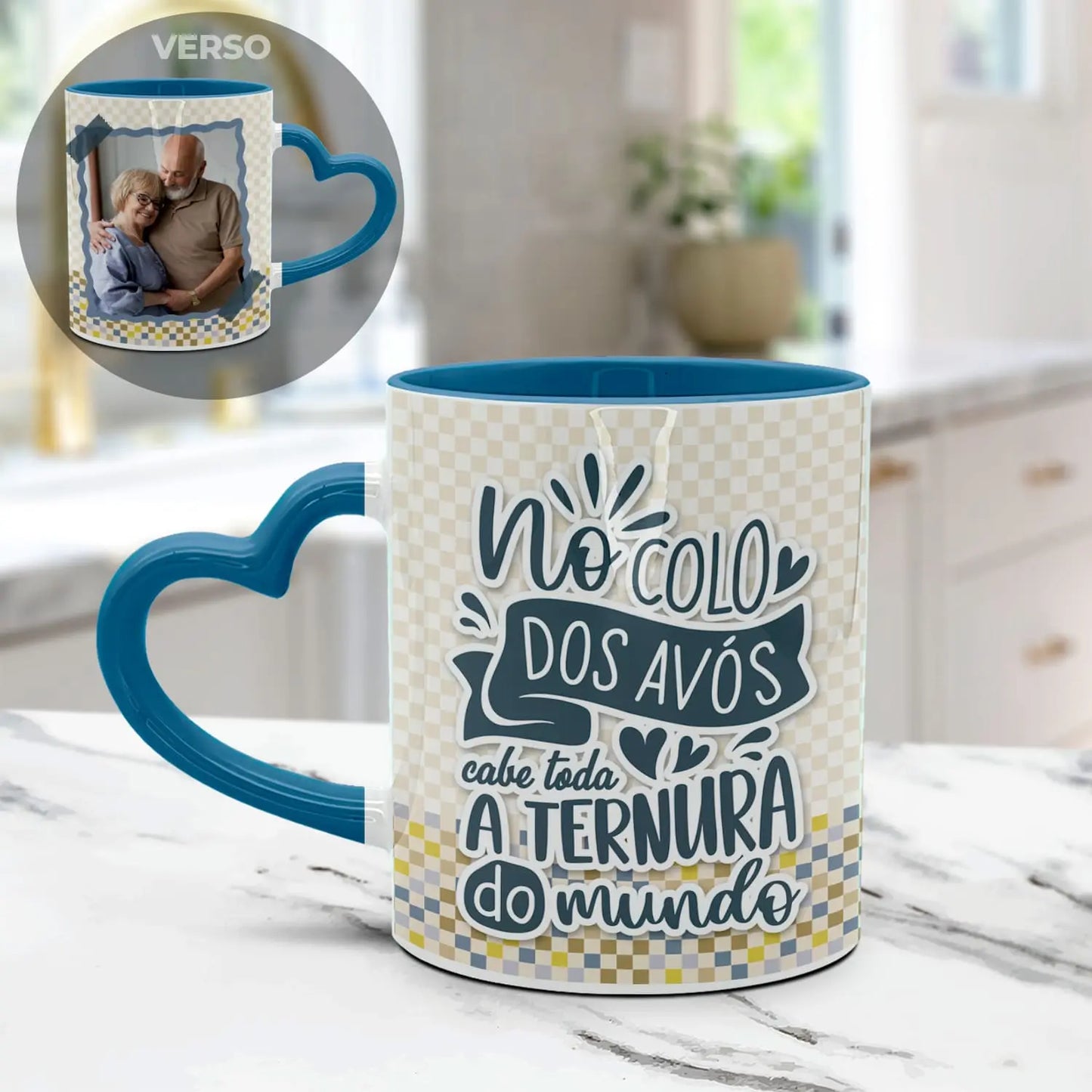 caneca pega coração azul personalizada para avós com fotografia