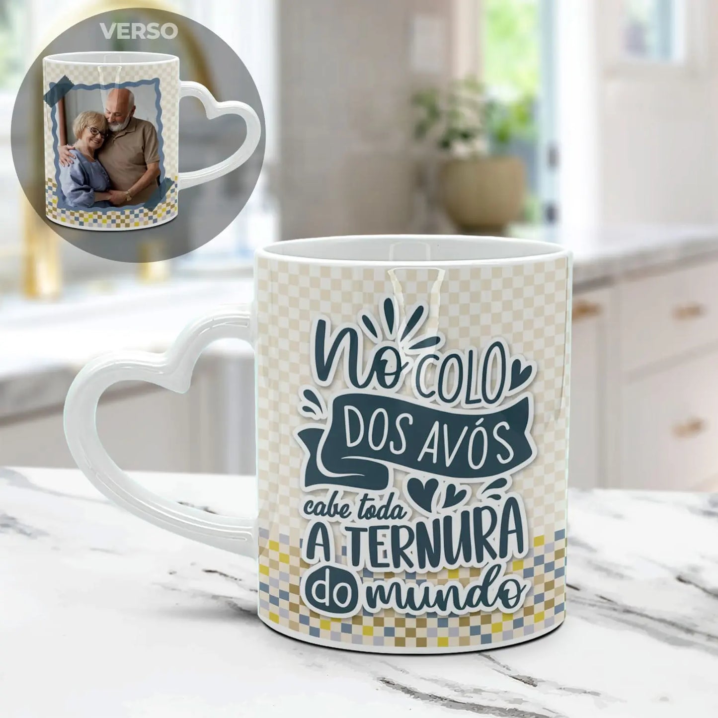 caneca pega coração branco personalizada para avós com fotografia
