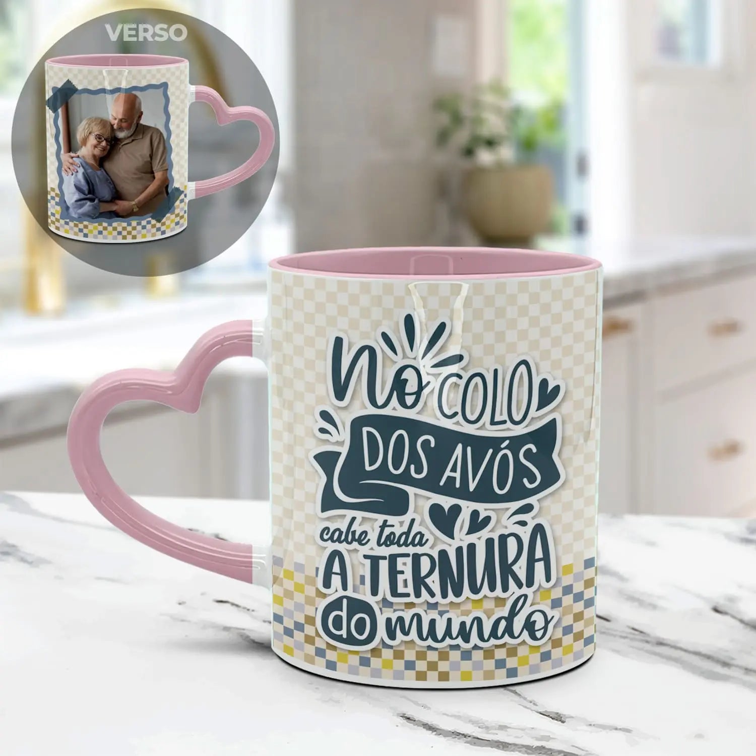 caneca pega coração rosa personalizada para avós com fotografia