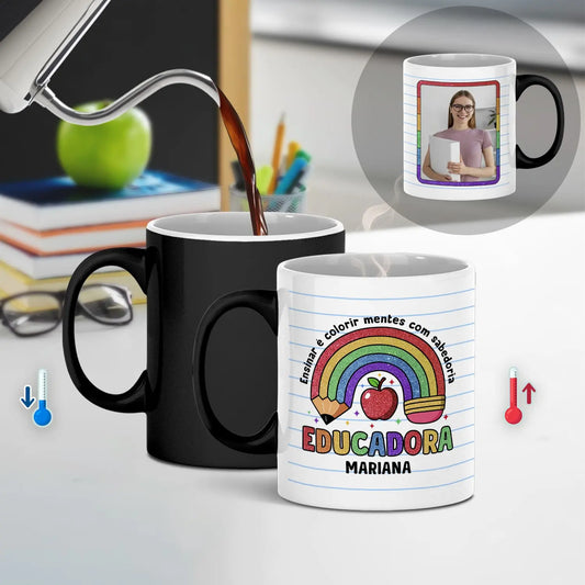 caneca mágica educadora personalizada com nome, frase e fotografia