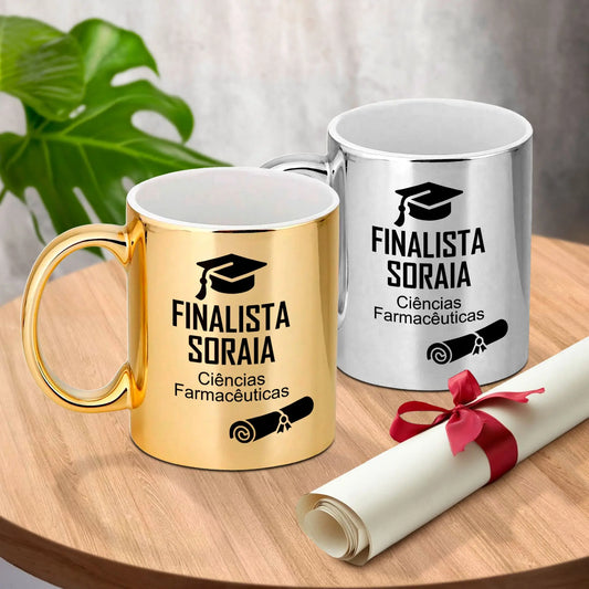 Caneca cromada personalizada para finalista com nome e curso ou ano escolar — 9.º e 12.º anos ou universidade. 