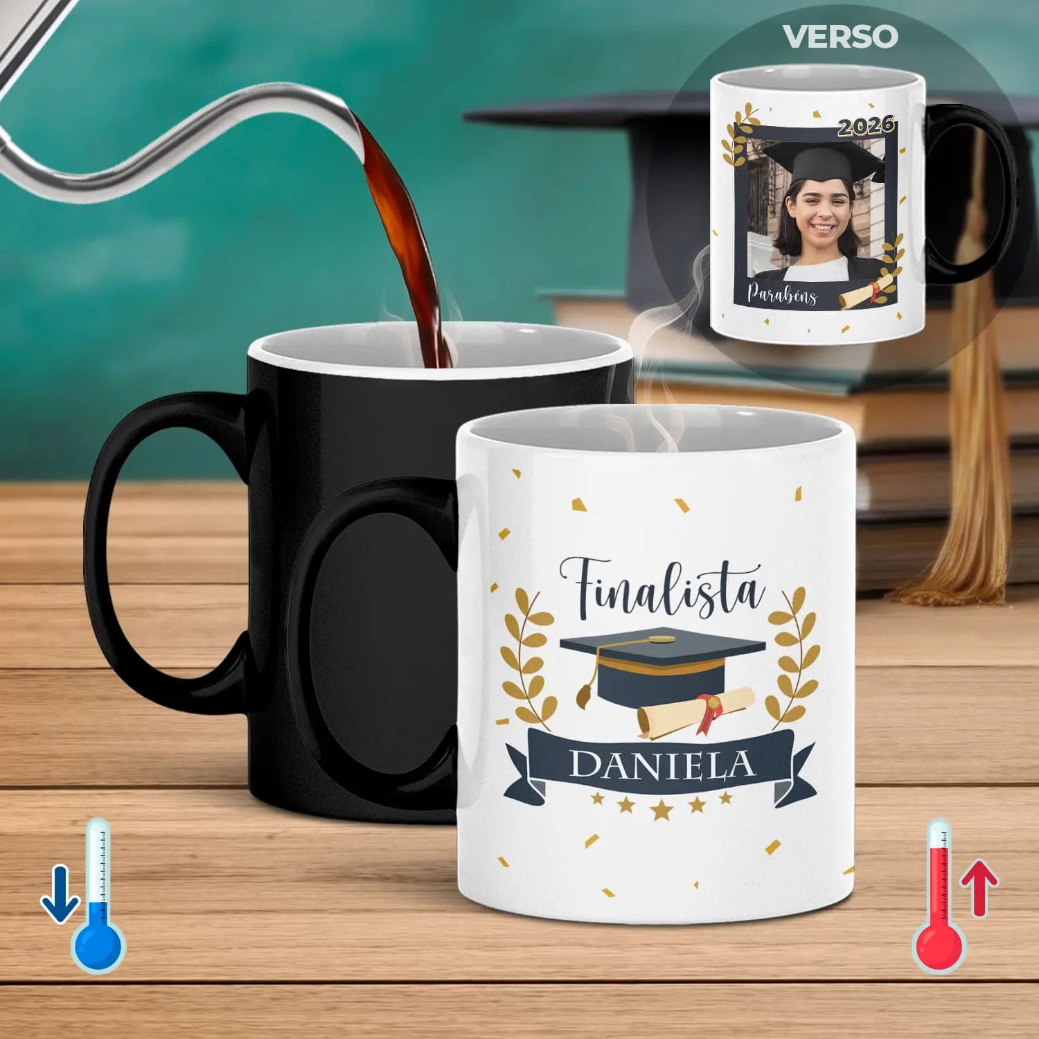 caneca mágica personalizada para finalista com nome, ano e fotografia