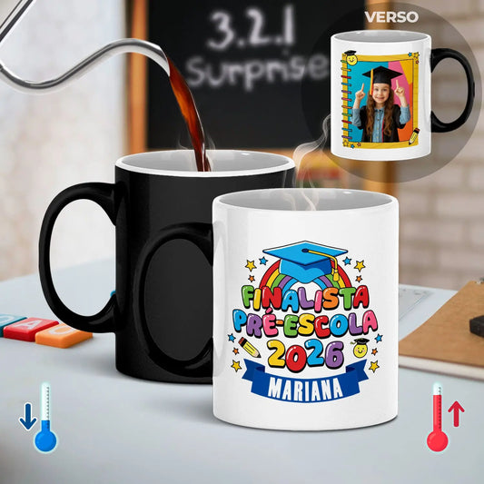caneca mágica finalista personalizada com fotografia, nome e ano
