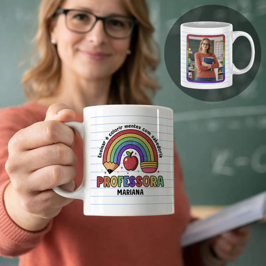 caneca professora personalizada com nome, frase e fotografia