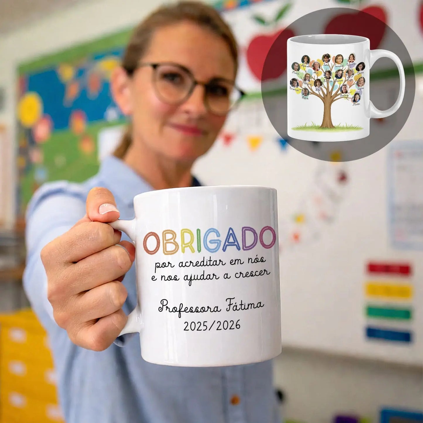 caneca personalizada com nome da professora, nomes e fotografias dos alunos