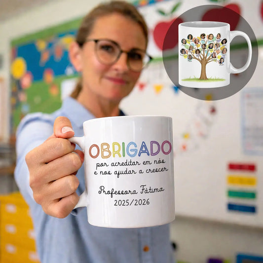 caneca personalizada com nome da professora, nomes e fotografias dos alunos