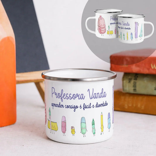 caneca de esmalte professora personalizada com nome