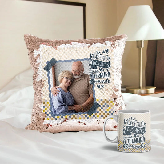 conjunto almofada lantejoulas e caneca personalizado para avós com fotografia
