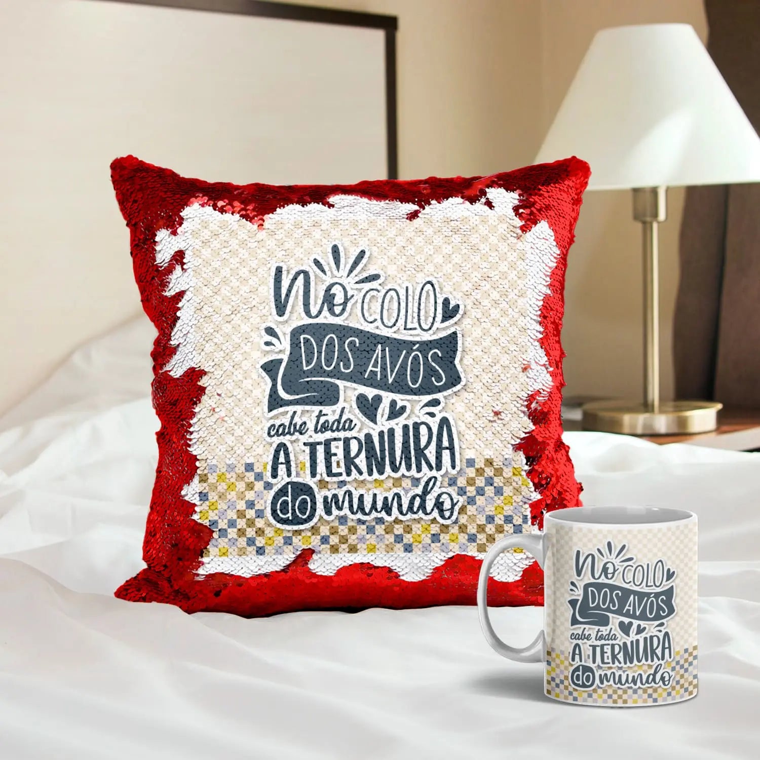 conjunto almofada lantejoulas e caneca personalizado para avós com mensagem especial
