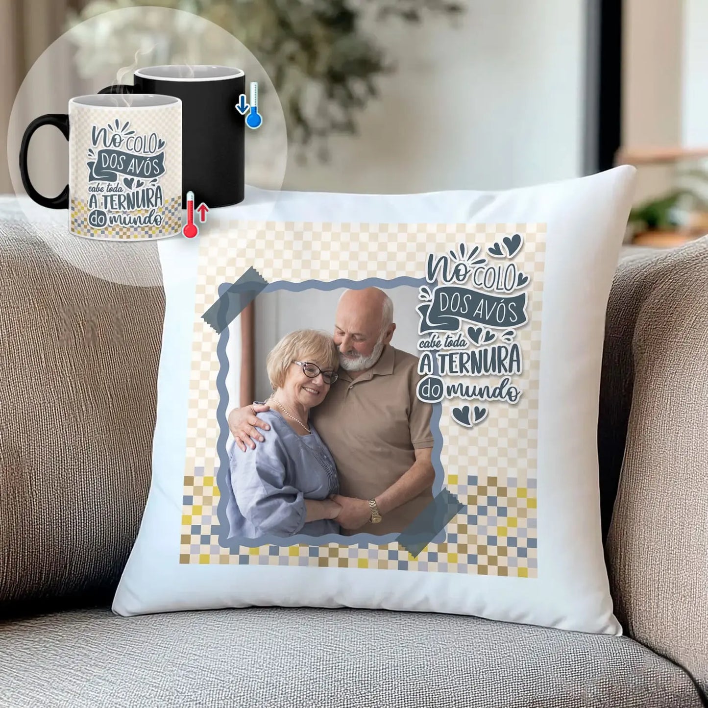 conjunto almofada e caneca mágica personalizado para avós com fotografia