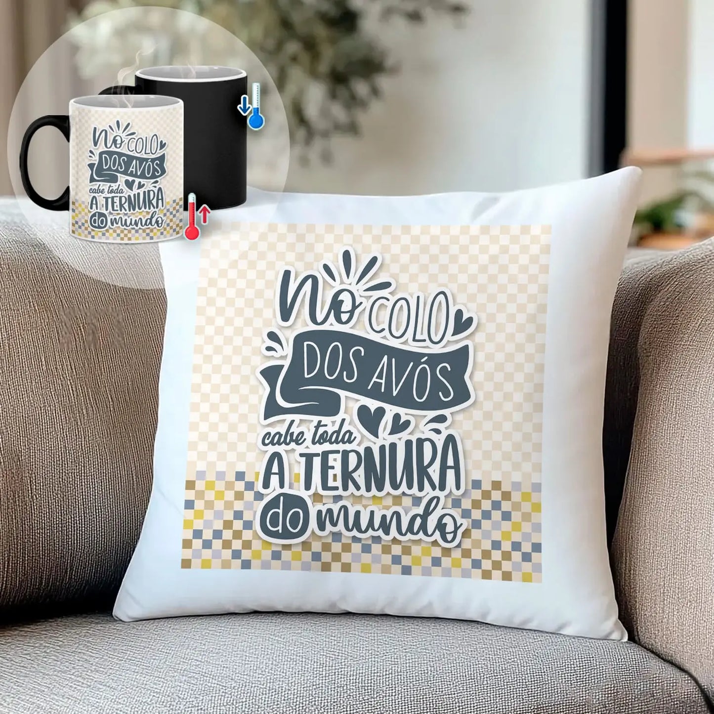 conjunto almofada e caneca mágica personalizado para avós com mensagem especial