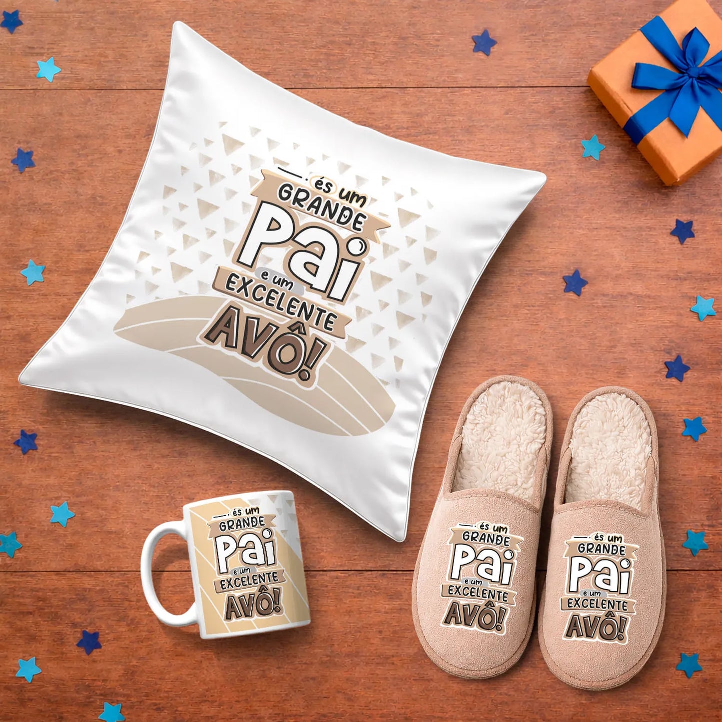 Conjunto Almofada + Chinelos + Caneca "Grande Pai - Excelente Avô"