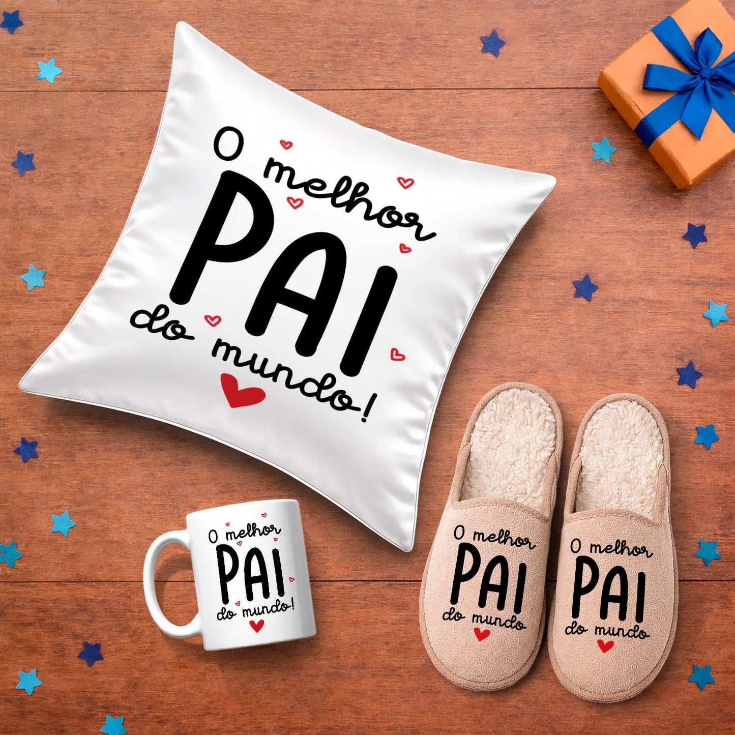 Conjunto Almofada + Chinelos + Caneca "O melhor pai do mundo"