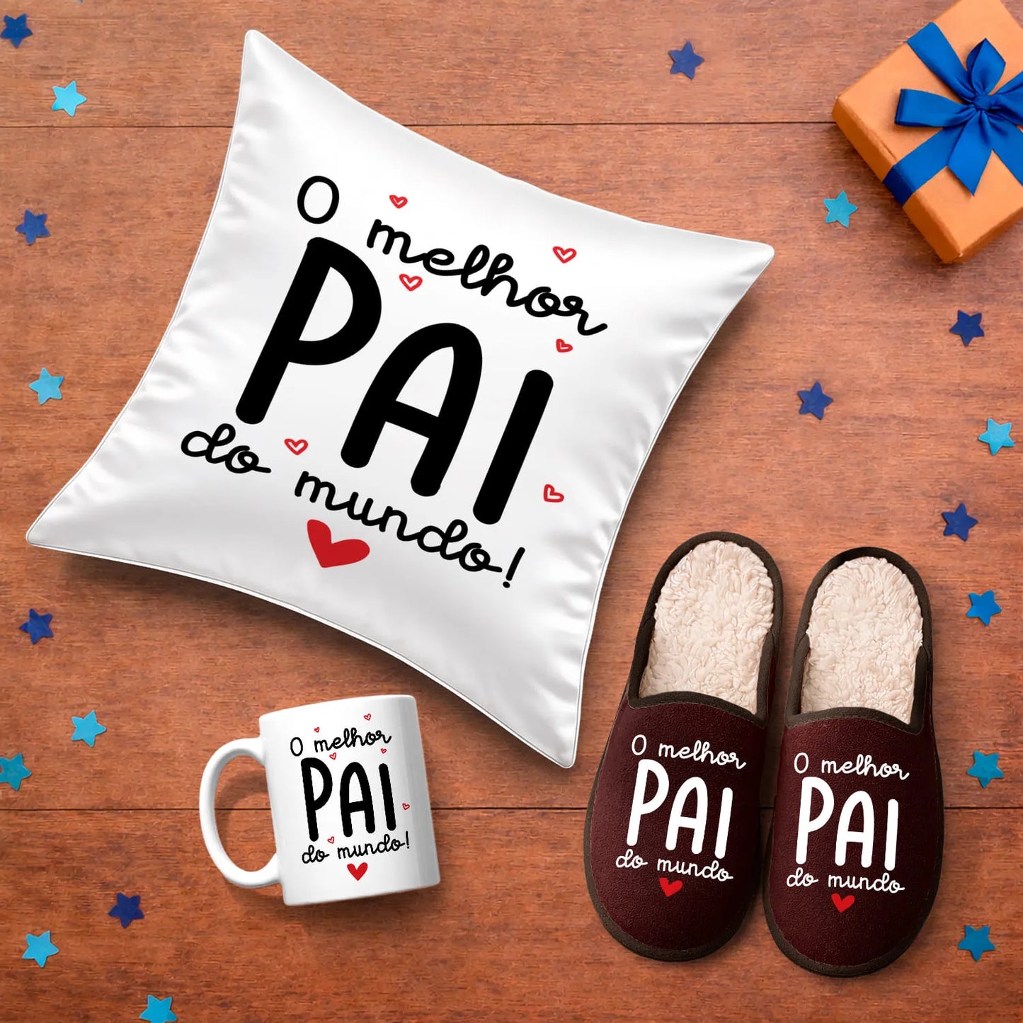 Conjunto Almofada + Chinelos + Caneca "O melhor pai do mundo"