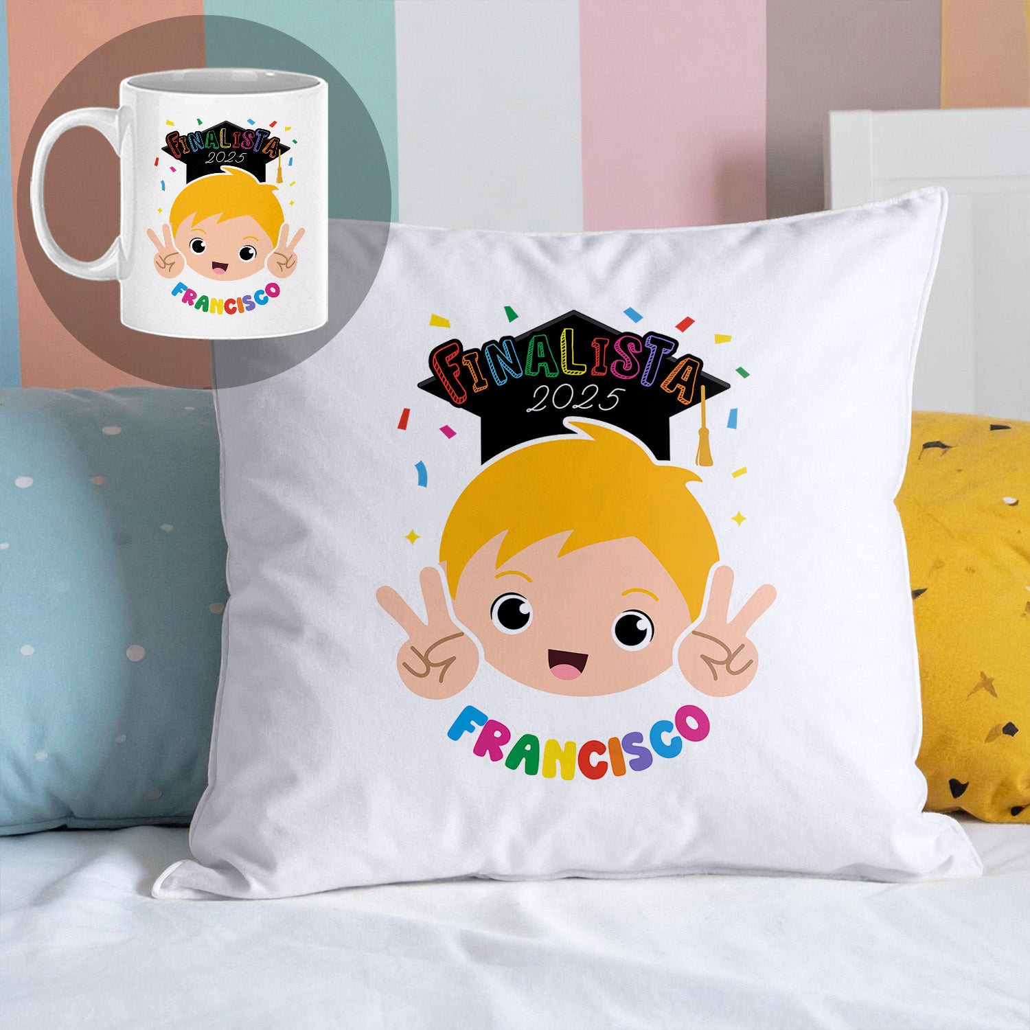 conjunto almofada e caneca finalista personalizado com nome e ano