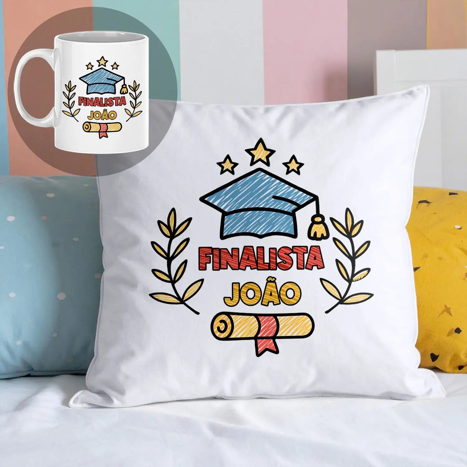 conjunto almofada e caneca finalista personalizado com nome