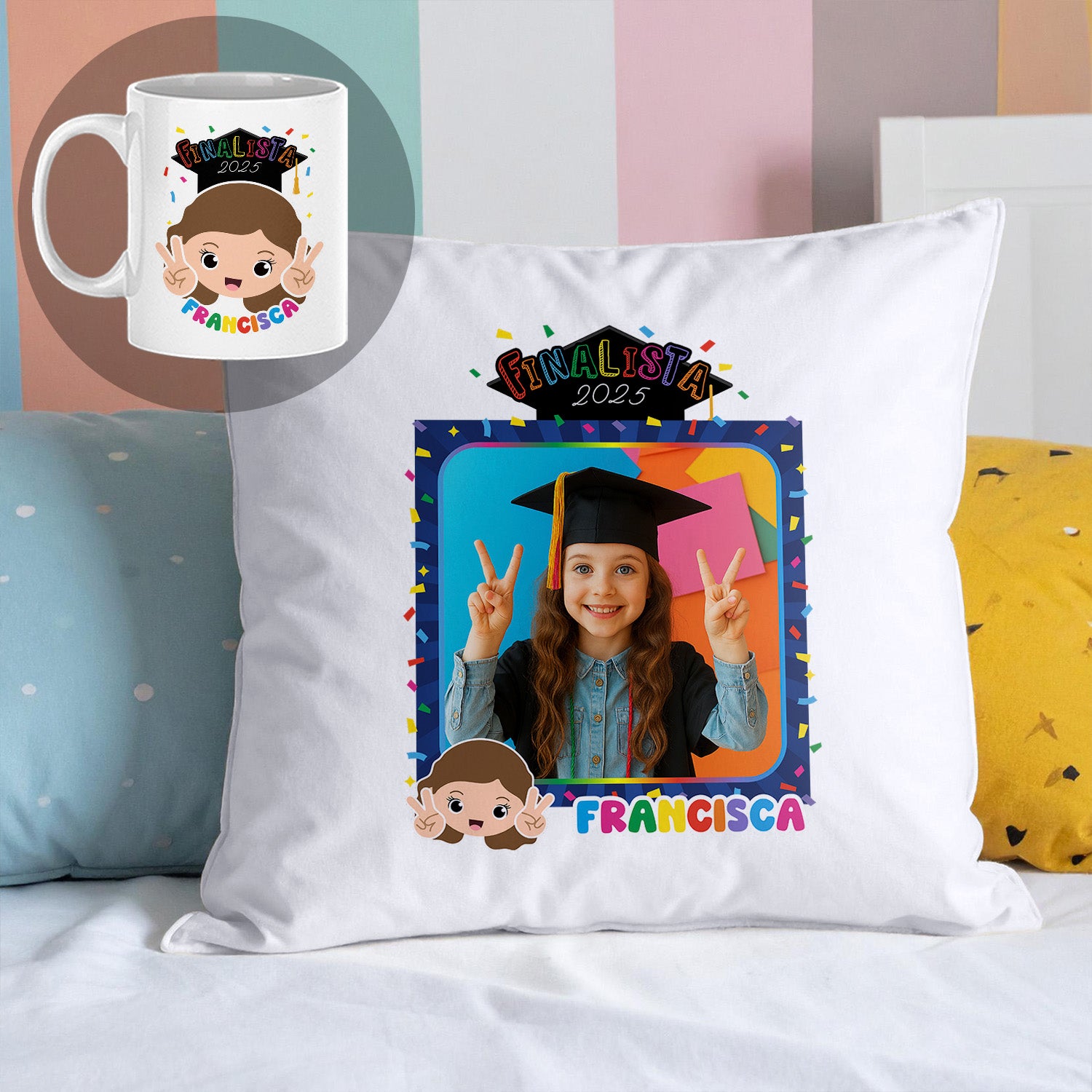 conjunto almofada e caneca finalista personalizado com nome, ano e fotografia