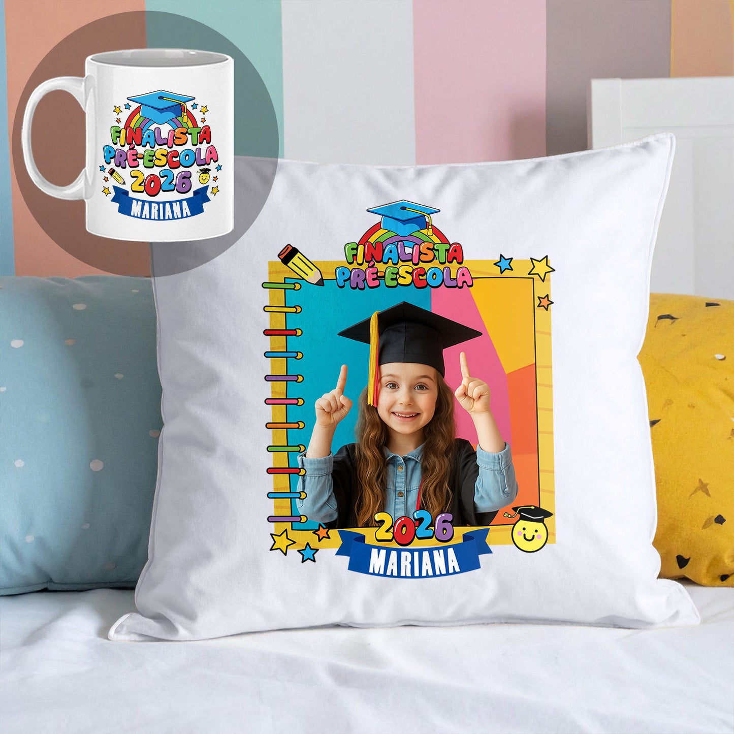 conjunto almofada e caneca finalista personalizado com nome, ano e fotografia