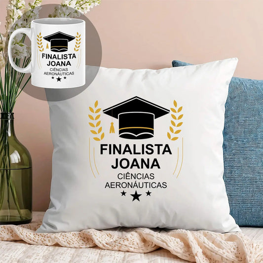 almofada e caneca personalizadas para finalista com nome e curso ou ano escolar
