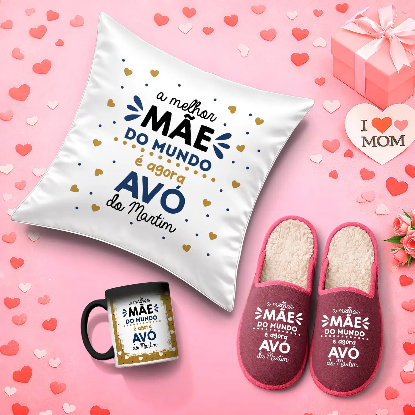 Conjunto Almofada + Chinelos + Caneca Mágica "A melhor mãe do mundo é agora avó"