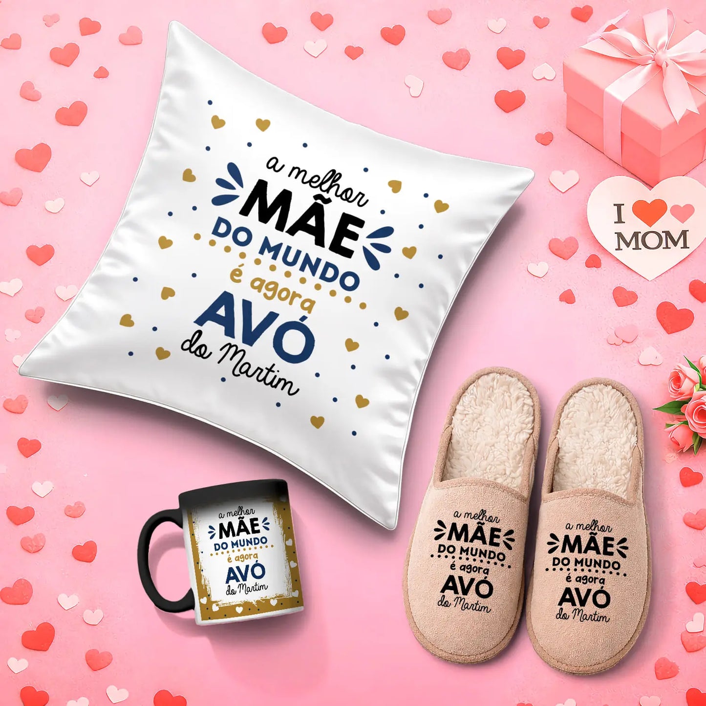 Conjunto Almofada + Chinelos + Caneca Mágica "A melhor mãe do mundo é agora avó"