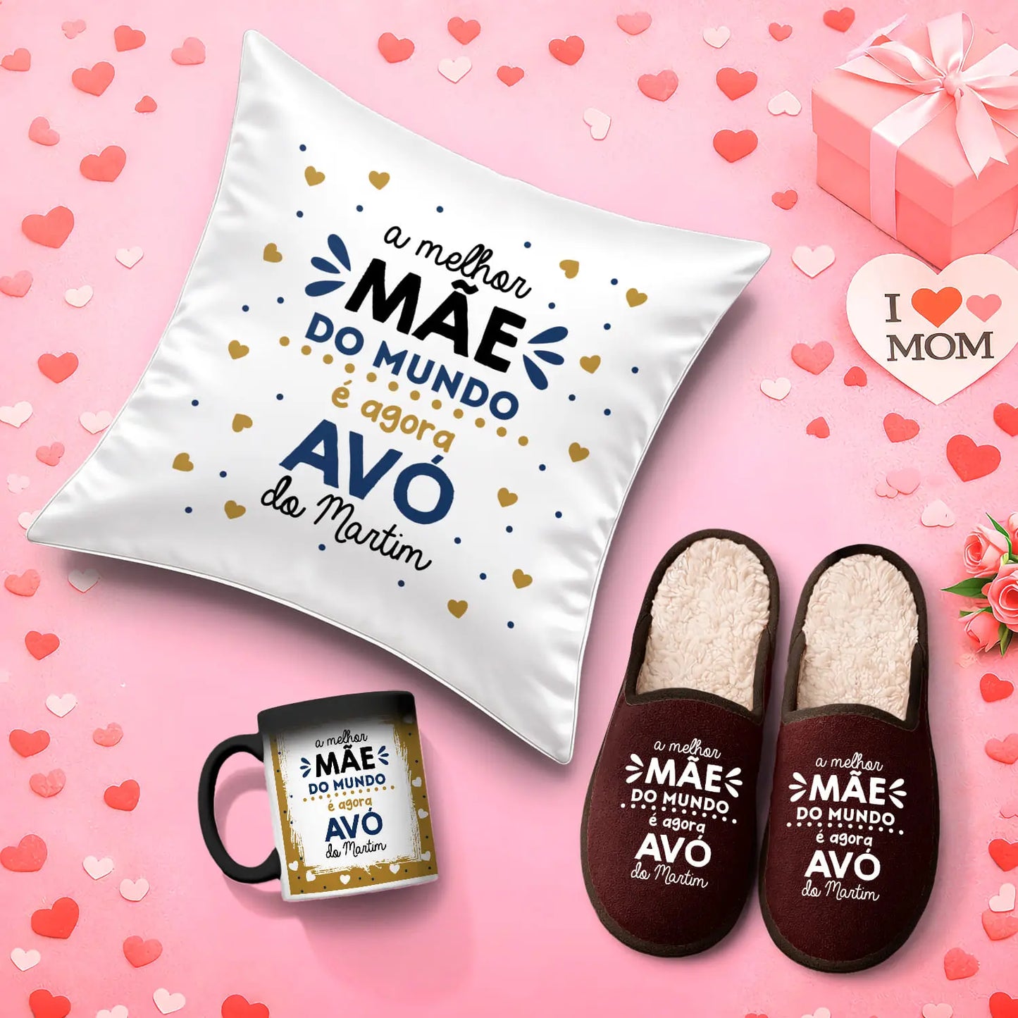 Conjunto Almofada + Chinelos + Caneca Mágica "A melhor mãe do mundo é agora avó"