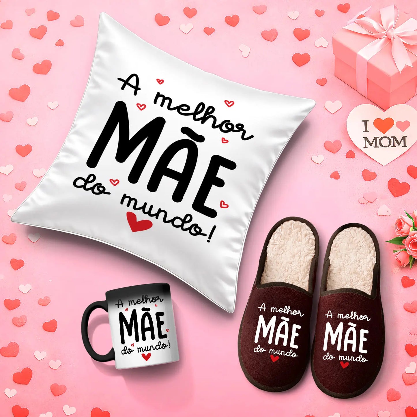 Conjunto Almofada + Chinelos + Caneca Mágica "A melhor mãe do mundo"